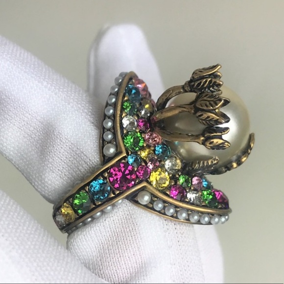 NEW GUCCI RING PEARL CRYSTAL EMBELLISHED Flower - Picture 2 of 12